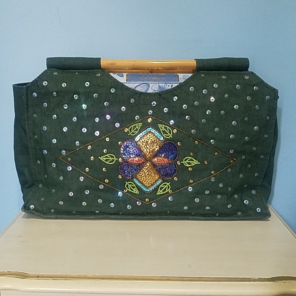 Vintage Green Purse Wood Handles Sequins